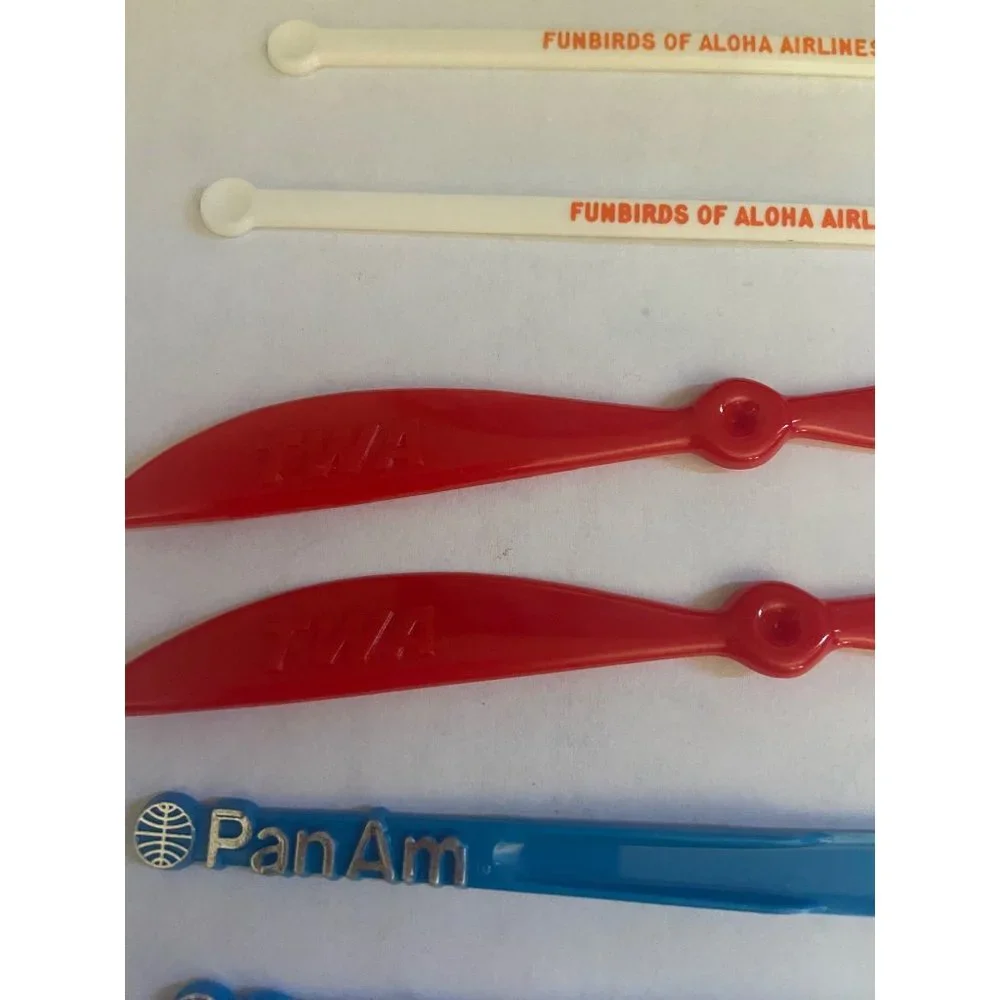 Vintage Lot of 8 Airline Swizzle Sticks Including TWA, PanAm, Aloha, and Air Cal